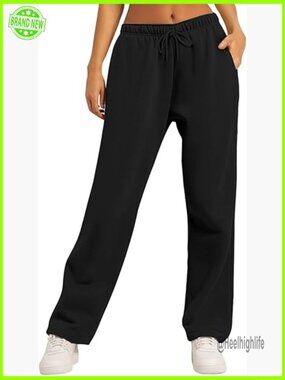 Fleece Lined Wide Leg Sweatpants with Pockets, Straight Leg Lounge Pants
